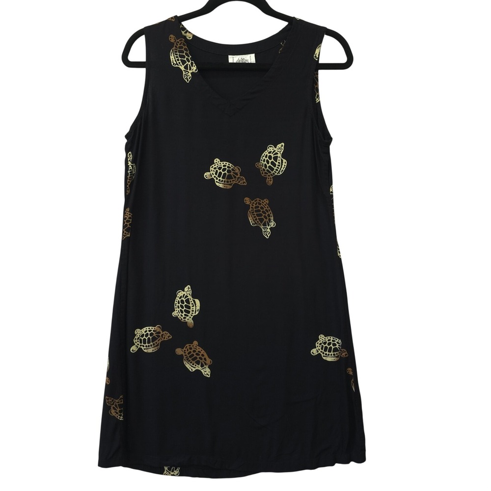 Hi Lites Women Black Rayon Sleeveless V-Neck Gold Turtle Shift Dress S Coastal